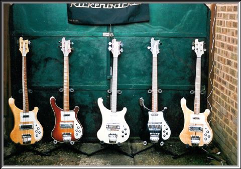 Left to right: 4003S, 4003 (both with two-piece pickguards), 4001CS, 4001V63 and 4001