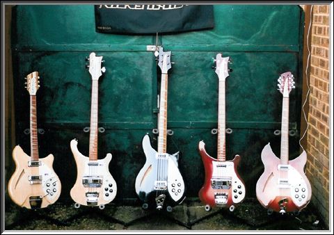 Left to right: 360 (accent vibrato tailpiece), 4001V63, Jetglo 4005, 4001V63, 360/12WB